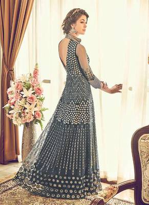 Grey Net Heavy Embroidered Designer Semi Stiched Suit 2