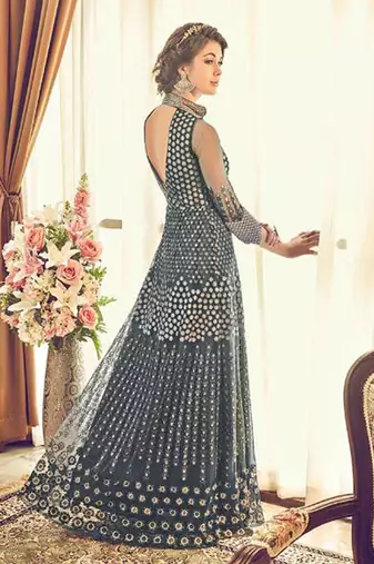 Grey Net Heavy Embroidered Designer Semi Stiched Suit