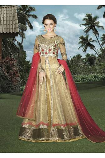 Cream Net Heavy Embroidered Designer Semi Stiched Suit