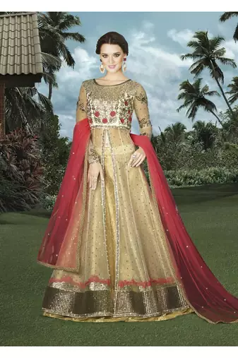 Cream Net Heavy Embroidered Designer Semi Stiched Suit