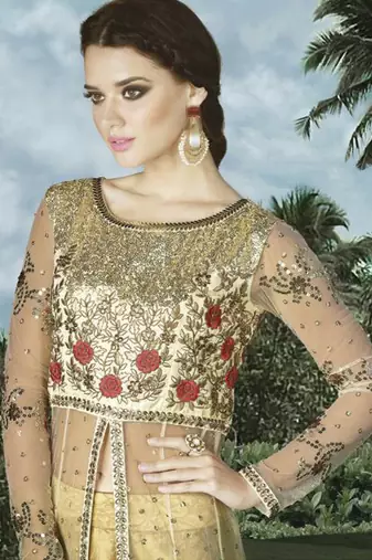 Cream Net Heavy Embroidered Designer Semi Stiched Suit