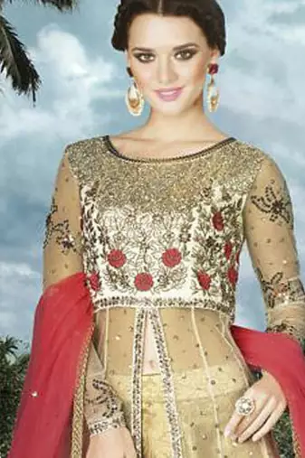 Cream Net Heavy Embroidered Designer Semi Stiched Suit