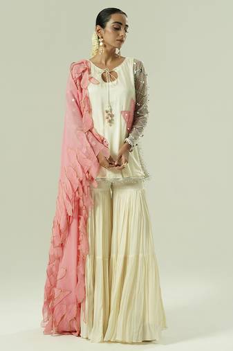 Ivory embroidered georgette sharara set