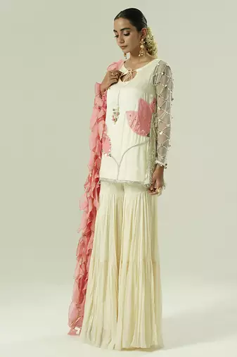 Ivory embroidered georgette sharara set