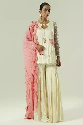 Ivory embroidered georgette sharara set