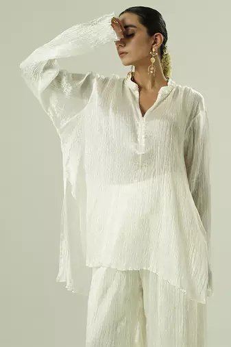 Ivory plain silk kurta set