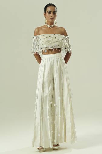 Ivory embroidered silk sharara set