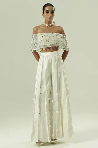 Ivory embroidered silk sharara set