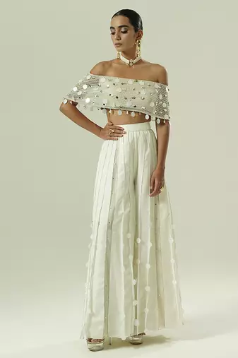 Ivory embroidered silk sharara set