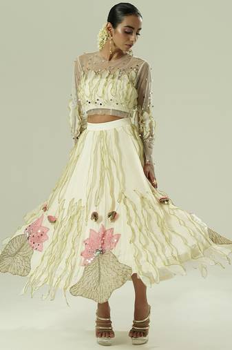 Ivory embroidered georgette co ord set