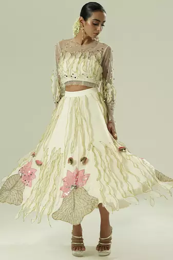 Ivory embroidered georgette co ord set