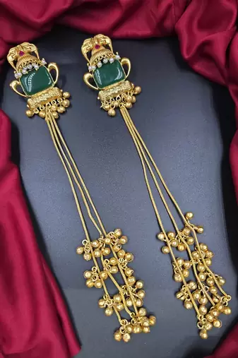 Traditional gold-plated kashmiri jhumka earrings with long chains & green stone