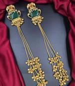 Traditional gold-plated kashmiri jhumka earrings with long chains & green stone