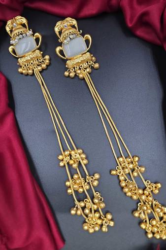 Traditional gold-plated kashmiri jhumka earrings with long chains & white stone