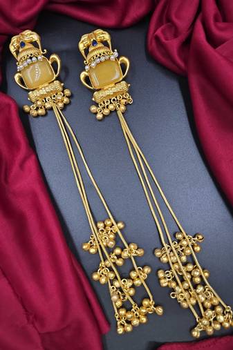 Traditional gold-plated kashmiri jhumka earrings with long chains & yellow stone