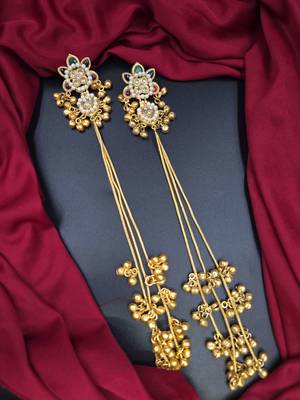 Traditional gold-plated kashmiri jhumka earrings with long chains ruby & green stone 1