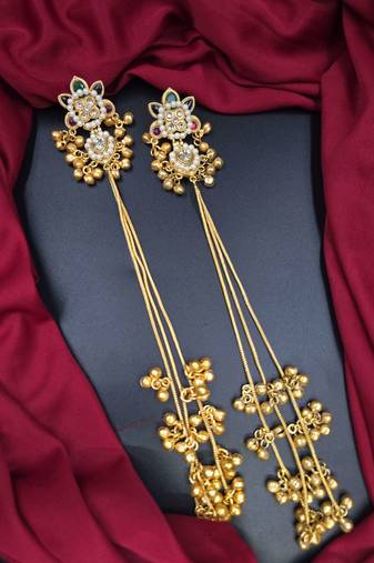 Traditional gold-plated kashmiri jhumka earrings with long chains ruby & green stone