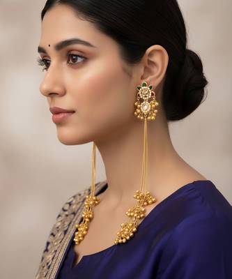 Traditional gold-plated kashmiri jhumka earrings with long chains ruby & green stone 2