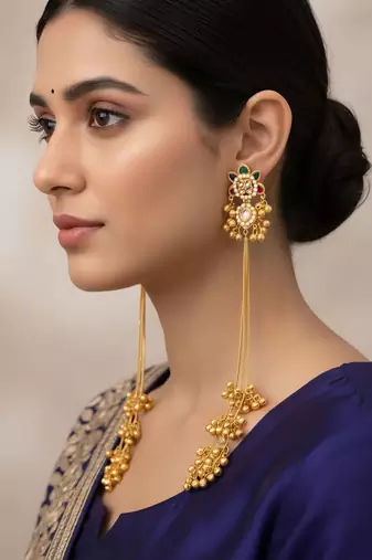 Traditional gold-plated kashmiri jhumka earrings with long chains ruby & green stone