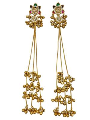 Traditional gold-plated kashmiri jhumka earrings with long chains ruby & green stone 3