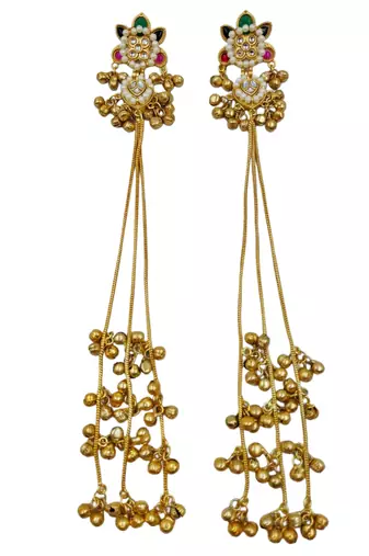 Traditional gold-plated kashmiri jhumka earrings with long chains ruby & green stone