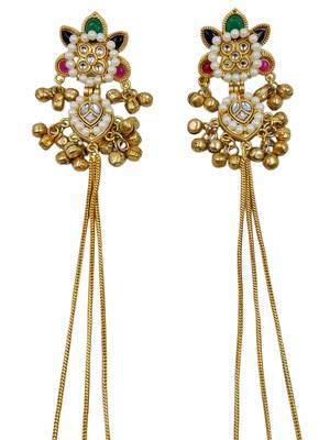 Traditional gold-plated kashmiri jhumka earrings with long chains ruby & green stone 4