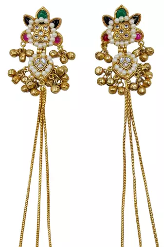Traditional gold-plated kashmiri jhumka earrings with long chains ruby & green stone