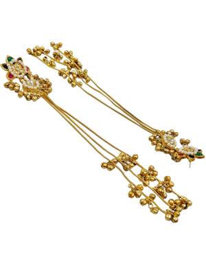 Traditional gold-plated kashmiri jhumka earrings with long chains ruby & green stone 5