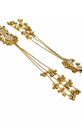Traditional gold-plated kashmiri jhumka earrings with long chains ruby & green stone