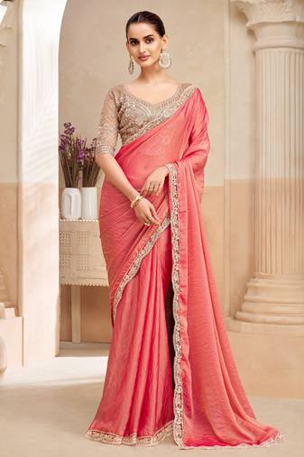 georgette two tone shimmer saree with embroidered blouse     designer collection