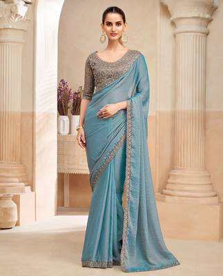 georgette two tone shimmer saree with embroidery blouse  trendy party wear 1