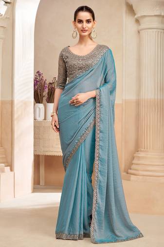 georgette two tone shimmer saree with embroidery blouse     trendy party wear