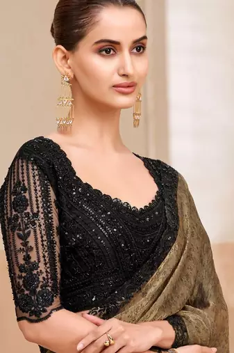 fendi jacquard saree with fancy embroidery blouse