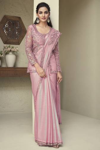 premium rainbow shimmer saree with designer unstitched jacket