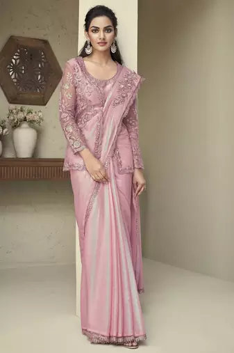 premium rainbow shimmer saree with designer unstitched jacket