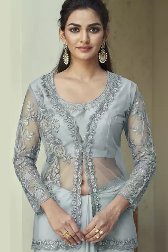 rainbow shimmer saree with stylish jacket blouse