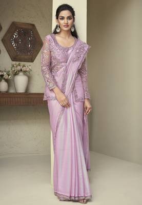rainbow shimmer saree with unstitched jacket 1
