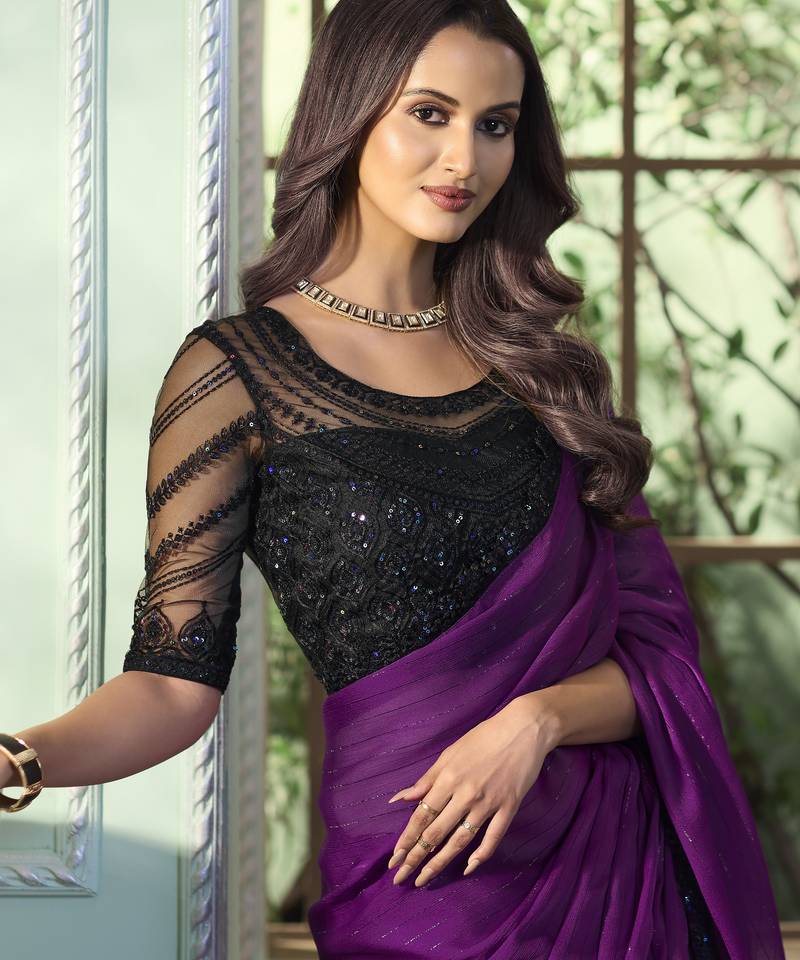 purple pattern georgette silk blend saree     stylish designer saree