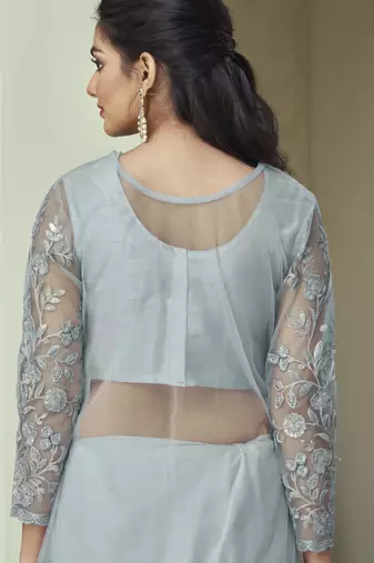 rainbow shimmer saree with stylish jacket blouse