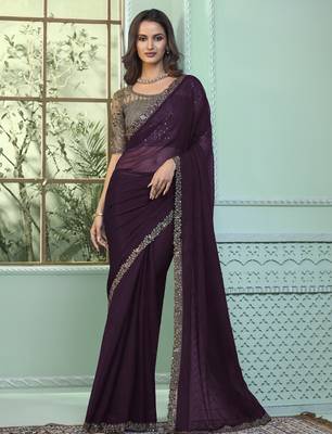 wine chiffon saree  elegant evening wear 1