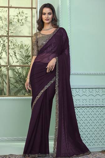 wine chiffon saree     elegant evening wear