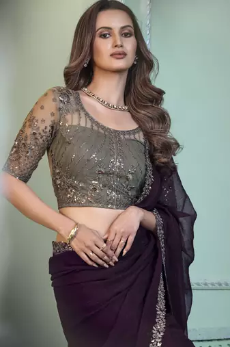 wine chiffon saree  elegant evening wear