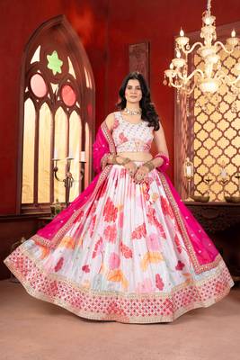 White Floral Chinon Silk Lehenga Choli with Pink Dupatta 1