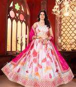 White Floral Chinon Silk Lehenga Choli with Pink Dupatta