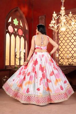 White Floral Chinon Silk Lehenga Choli with Pink Dupatta 2