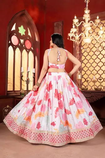 White Floral Chinon Silk Lehenga Choli with Pink Dupatta