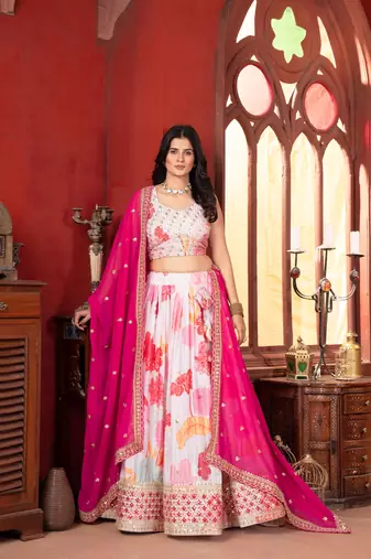 White Floral Chinon Silk Lehenga Choli with Pink Dupatta