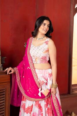 White Floral Chinon Silk Lehenga Choli with Pink Dupatta 4