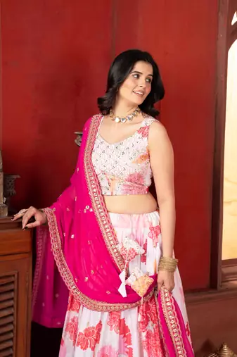 White Floral Chinon Silk Lehenga Choli with Pink Dupatta