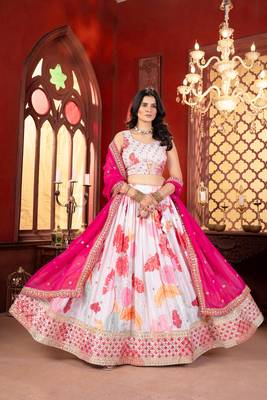 White Floral Chinon Silk Lehenga Choli with Pink Dupatta 5